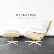 Fotoliu Eames Lounge Chair cu Otoman furnir Frasin piele alba