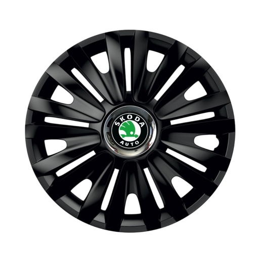 Set 4 capace roti Negre Cu Inel Cromat Royal R15 pentru gama auto Skoda