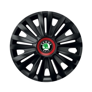 Set 4 capace roti Negre Cu Inel Rosu Royal R16 pentru gama auto Skoda - Img 1