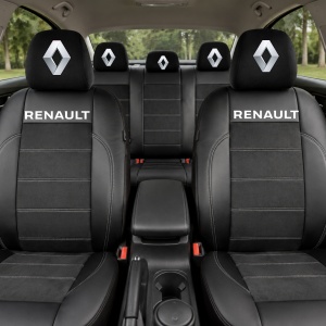 Set Huse Scaune Universale Din Piele Ecologică Si Alcantara Personalizate Cu Renault, Negre - Img 2