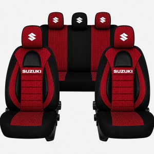 Set Huse Scaune Universale Racing, Visiniu cu Negru Personalizate cu Suzuki