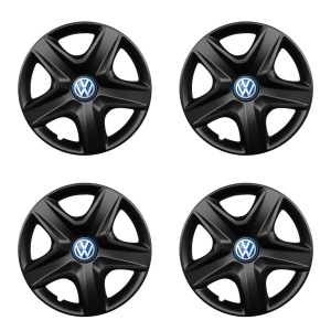 Set 4 capace roti 15 inchi (R15) compatibile VOLKSWAGEN, Model 340 Black, Sigla Albastra - Img 2