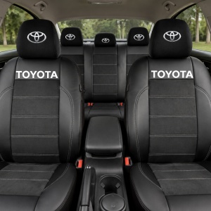 Set Huse Scaune Universale Din Piele Ecologică Si Alcantara Personalizate Cu Toyota, Negre - Img 2