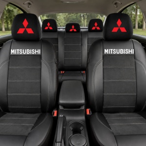 Set Huse Scaune Universale Din Piele Ecologică Si Alcantara Personalizate Cu Mitsubishi, Negre - Img 2