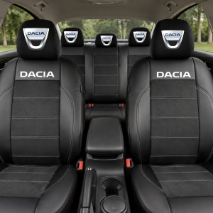 Set Huse Scaune Universale Din Piele Ecologică Si Alcantara Personalizate Cu Dacia, Negre - Img 2