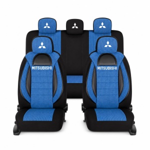 Set Huse Scaune Universale Racing, Albastru cu Negru Personalizate cu Mitsubishi