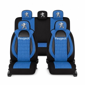 Set Huse Scaune Universale Racing, Albastru cu Negru Personalizate cu Peugeot