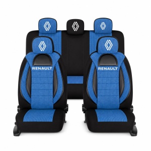 Set Huse Scaune Universale Racing, Albastru cu Negru Personalizate cu Renault Nou