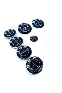 Set 7 piese embleme BMW, negru complet, capotă 82 mm, portbagaj 74 mm, capace roți 68 mm, logo volan - Img 2