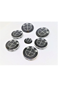 Set embleme BMW 7 piese, negre full, capota/portbagaj 82 mm, capace jante 68mm, sigla volan 44 mm, B - Img 4