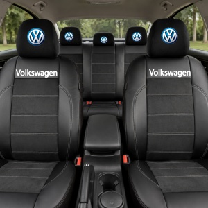 Set Huse Scaune Universale Din Piele Ecologică Si Alcantara Personalizate Cu Volkswagen, Negre - Img 2