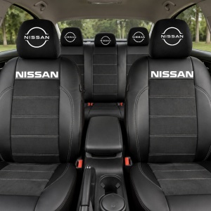 Set Huse Scaune Universale Din Piele Ecologică Si Alcantara Personalizate Cu Nissan Nou, Negre - Img 2