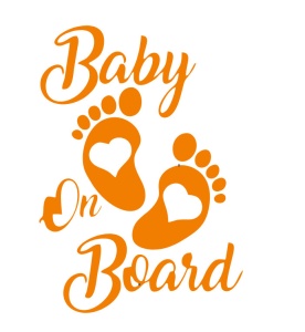 Sticker decorativ auto, Baby on board, talpa cu inimioara, Portocaliu, 17 x 12 cm