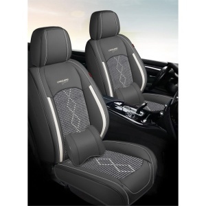 Huse auto premium 5 locuri Carguard Deluxe piele ecologică perforată și textil - negru - alb - Img 2