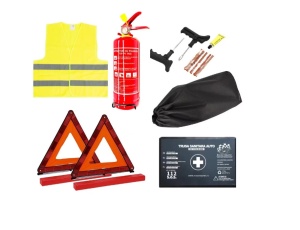 Kit siguranta auto CMPX omologat R.A.R 1x Trusa sanitara, 2x Triunghi reflectorizant, 1x Stingator cu pulbere P1 1kg cu manometru, 1x Vesta, 1x Geanta cu snur, 1x Kit pana
