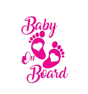 Sticker decorativ auto, Baby on board, talpa cu inimioara, Roz, 17 x 12 cm