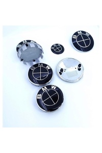 Set 7 piese embleme BMW, negru complet, capotă 82 mm, portbagaj 74 mm, capace roți 68 mm, logo volan - Img 3