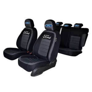 Set Huse Scaune Pentru FORD FIESTA 2002-2008 (BANCHETA FRACTIONATA) CU TETIERE SPATE IN FORMA DE L, Premium Negru/Gri