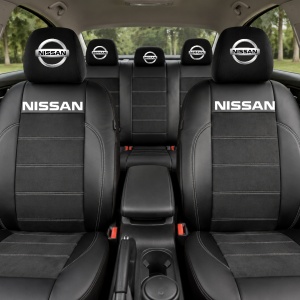 Set Huse Scaune Universale Din Piele Ecologică Si Alcantara Personalizate Cu Nissan, Negre - Img 2