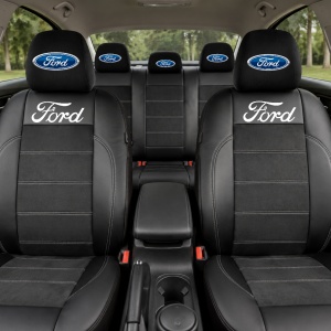 Set Huse Scaune Universale Din Piele Ecologică Si Alcantara Personalizate Cu Ford, Negre - Img 2