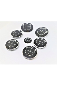 Set embleme BMW 7 piese, negre full, capota/portbagaj 82 mm, capace jante 68mm, sigla volan 44 mm, B - Img 2