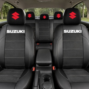 Set Huse Scaune Universale Din Piele Ecologică Si Alcantara Personalizate Cu Suzuki, Negre - Img 2