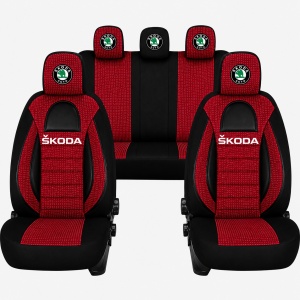Set Huse Scaune Universale Racing, Visiniu cu Negru Personalizate cu Skoda