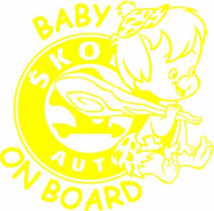 Sticker auto "Baby on board skoda baiat'', 18x18cm, galben