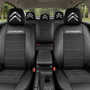 Set Huse Scaune Universale Din Piele Ecologică Si Alcantara Personalizate Cu Citroen, Negre - Img 2
