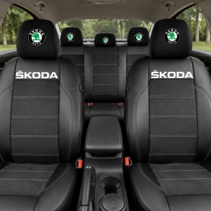 Set Huse Scaune Universale Din Piele Ecologică Si Alcantara Personalizate Cu Skoda, Negre - Img 2
