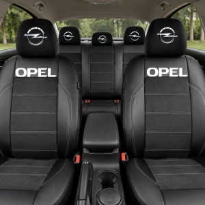 Set Huse Scaune Universale Din Piele Ecologică Si Alcantara Personalizate Cu Opel, Negre - Img 2