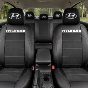 Set Huse Scaune Universale Din Piele Ecologică Si Alcantara Personalizate Cu Hyundai, Negre - Img 2