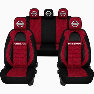 Set Huse Scaune Universale Racing, Visiniu cu Negru Personalizate cu Nissan
