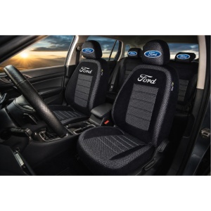 Set Huse Scaune Pentru FORD FIESTA 2002-2008 (BANCHETA FRACTIONATA) CU TETIERE SPATE IN FORMA DE L, Premium Negru/Gri - Img 2