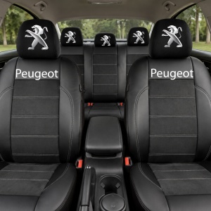 Set Huse Scaune Universale Din Piele Ecologică Si Alcantara Personalizate Cu Peugeot, Negre - Img 2