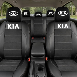 Set Huse Scaune Universale Din Piele Ecologică Si Alcantara Personalizate Cu Kia, Negre - Img 2