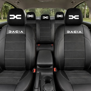 Set Huse Scaune Universale Din Piele Ecologică Si Alcantara Personalizate Cu Dacia Nou, Negre - Img 2