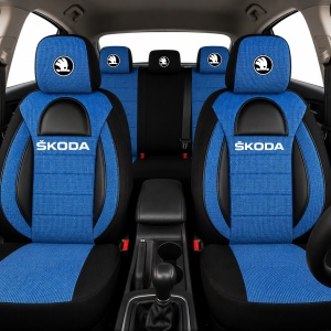 Set Huse Scaune Universale Racing, Albastru cu Negru Personalizate cu Skoda Nou - Img 2
