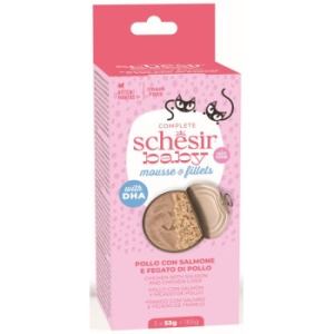 Schesir Baby Pachet Conserve pentru pisicute, Mousse Pui/Somon, hrana umeda pisici, 3x55G
