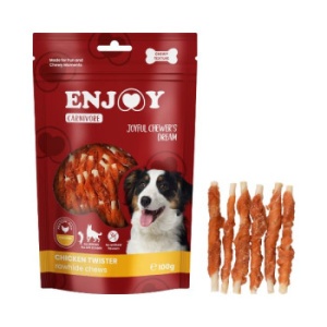 Enjoy Carnivore Rawhide Chews cu Pui, recompense caini, 100G