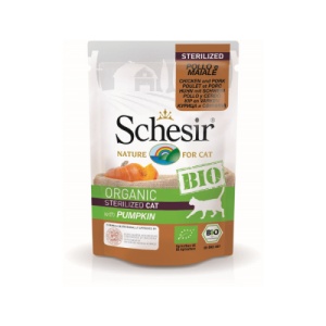 Schesir Bio sterilizat cu Pui,Porc si Dovleac, hrana umeda pisici, 85G