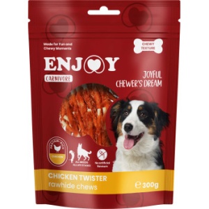 Enjoy Carnivore Rawhide Chews cu Pui, recompense caini, 300G