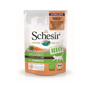 Schesir Bio sterilizat cu Vita, Pui, Morcov, hrana umeda pisici, 85G