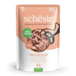 Schesir plic cu ton si somon in jeleu, hrana umeda pisici, 85G