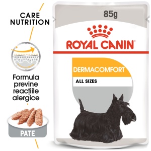 Royal Canin Dermacomfort Adult, hrana umeda caine, prevenirea iritatiilor pielii (pate), 12 x 85G