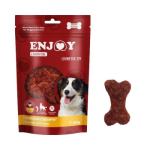 Enjoy Carnivore Chicken Chompin Oase cu Orez, recompense caini, 100G