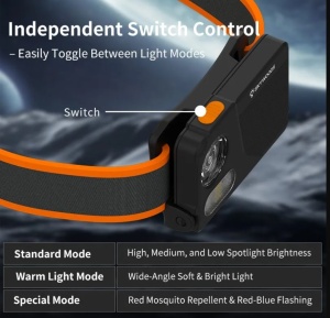 LANTERNA DE CAP FRONTALA CU LED REINCARCABILA, 300 LUMENI, MODEL ULTRA-SLIM, SKYWOODS L60A81 - Img 6