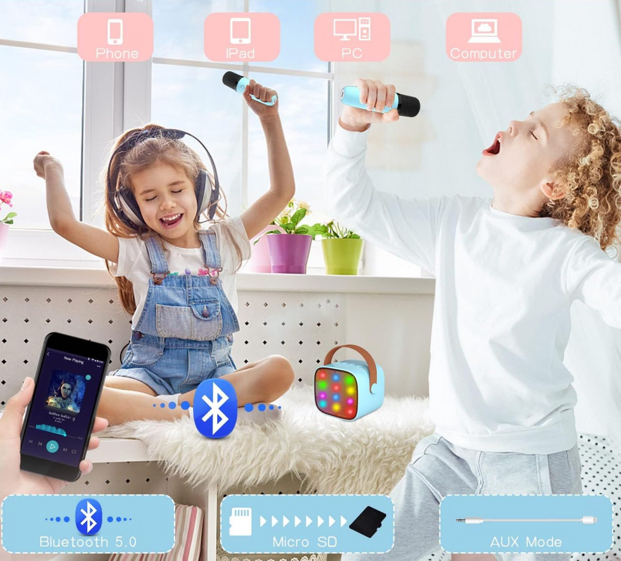 CADC2 - Set Sistem Mini Karaoke si 2 Mini Microfoane, Jucarii copii, Cadou  pentru Craciun, Petreceri in familie - Albastru