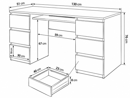 BIA501 - Birou 130 cm, masa office cu 6 sertare - Alb - Img 3