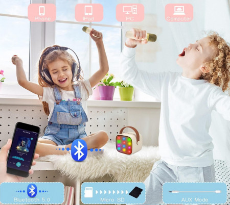 CADC4 - Set Sistem Mini Karaoke si 2 Mini Microfoane, Jucarii copii, Cadou pentru Craciun, Petreceri in familie - Bej - Img 5